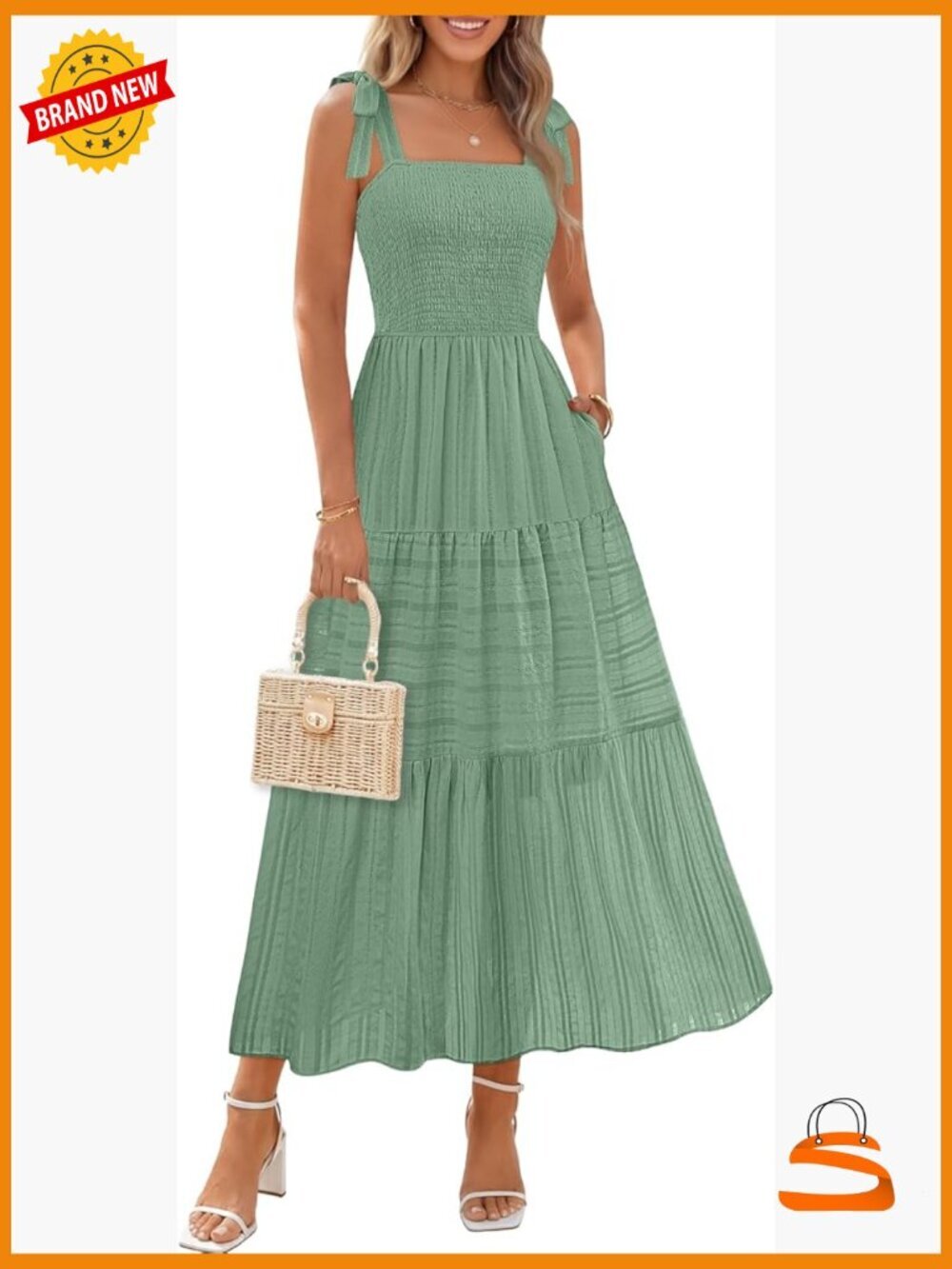 Boho Midi Maxi Dress Sleeveless Smocked A Line Sundress with Pockets